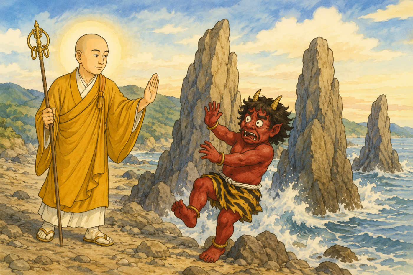 弘法大師と天邪鬼の伝説を描いた橋杭岩の昔話イラスト